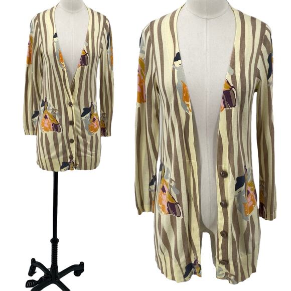 Anthropologie Sparrow Cardigan Mixed Print Longline Cotton Artsy Beige Small - Picture 1 of 9